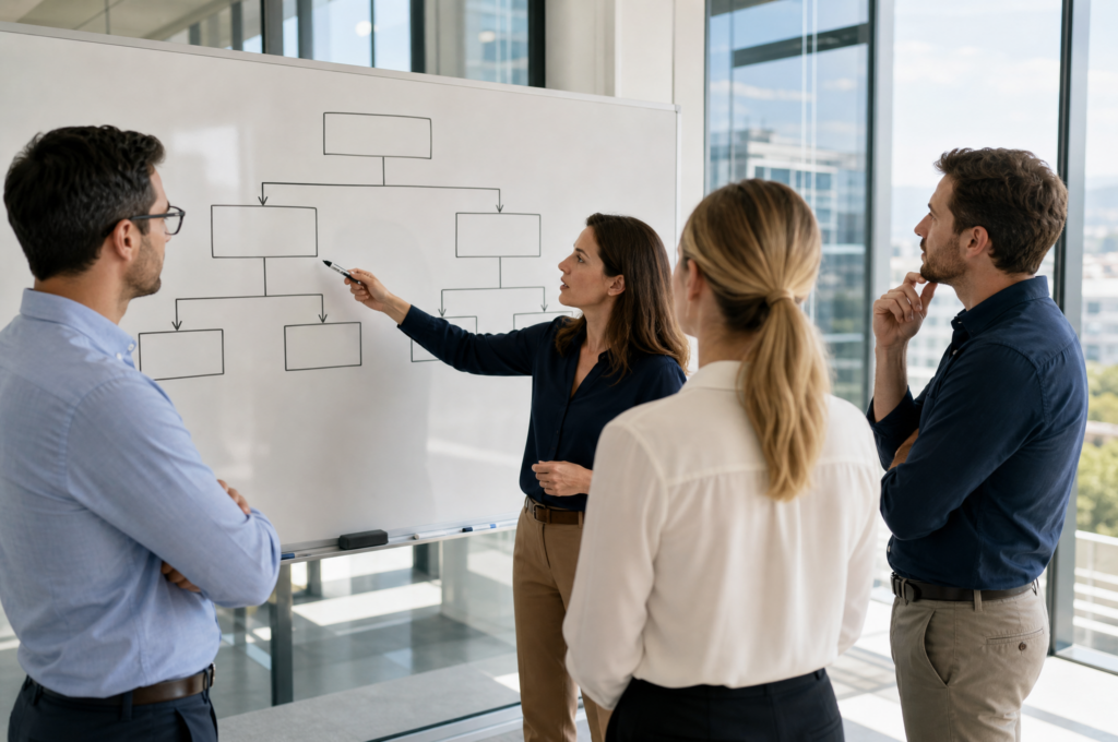 Strategiebesprechung zu Unternehmensstruktur am Whiteboard