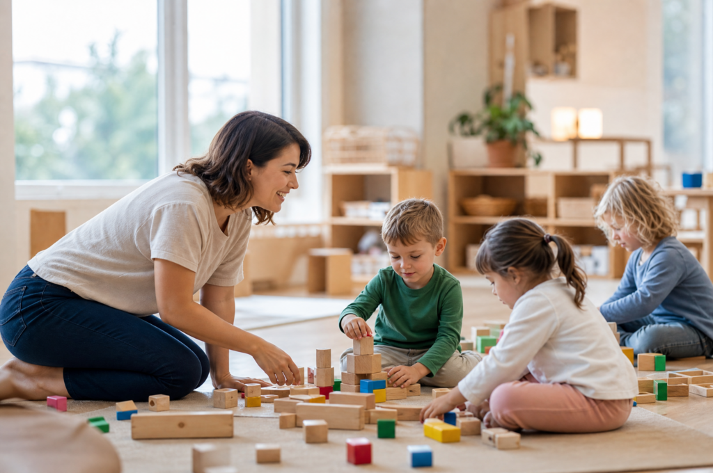 Kinder spielen mit Bausteinen im Kindergarten