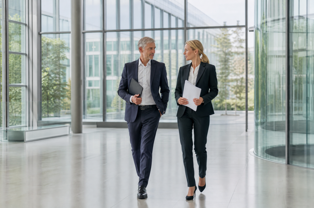Zwei Führungskräfte im Gespräch in moderner Konzernzentrale